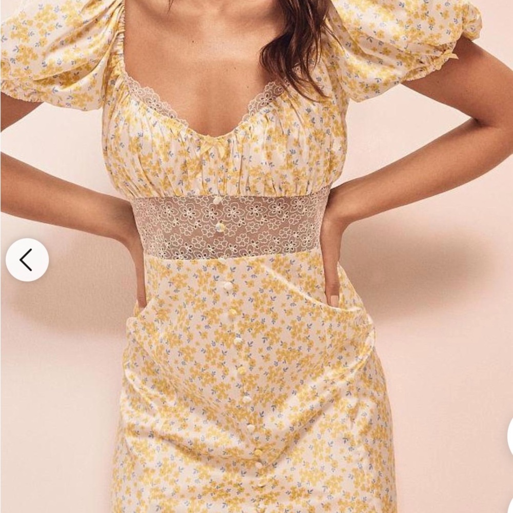 For Love And Lemons Yellow and White Puff Sleeve Midi Dress